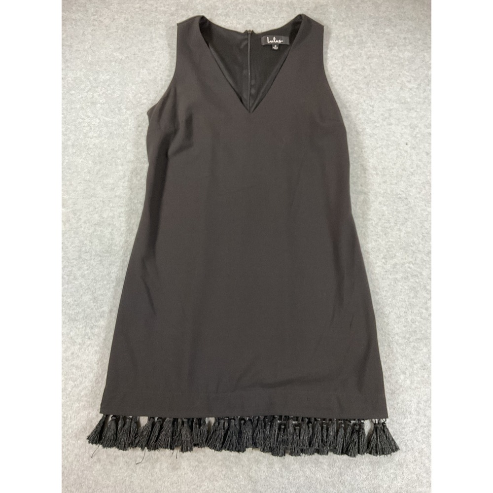 Lulus Black V-Neck Tassel Fringe Hem Sleeveless Mini Shift Dress Small 2686